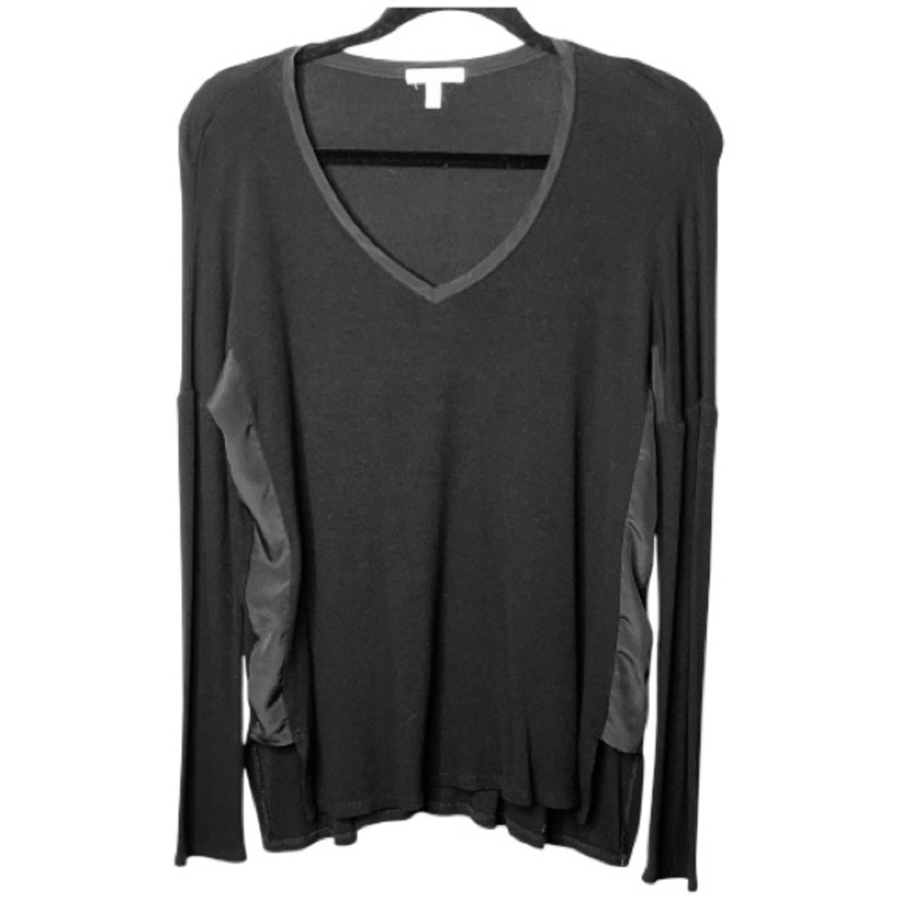 Anthropologie BORDEAUX Satin Side Trim Slit V Neck Long Sleeve Top Black Small